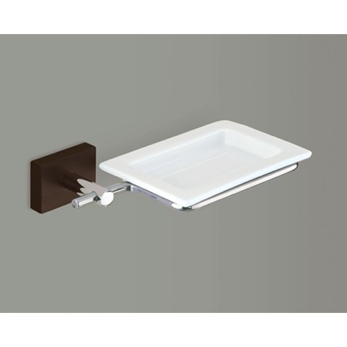 Soap Dish, Gedy 6611-19, Wall Mounted Square Porcelain Soap Dish With Chrome and Wood Mounting 6611-19
