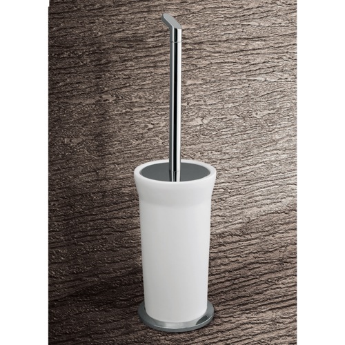 Toilet Brush, Gedy 3533-02, Round White Glass Toilet Brush Holder With Chrome Base 3533-02