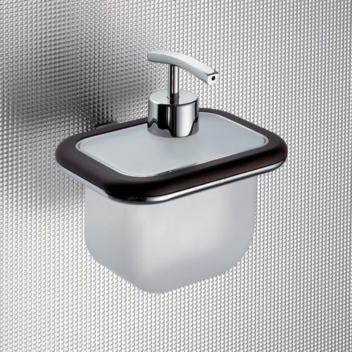 Soap Dispenser, Gedy 4381-19, Wall Mounted Frosted Glass Soap Dispenser With Wenge Wood Frame 4381-19