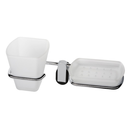 Toothbrush Holder, Geesa 8523-06, Wall Frosted Glass Tumbler/Soap Dish With Chrome Holder 8523-06