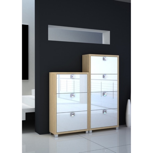 Shoe Rack, Sarmog 573-574WA-GW, Natural Oak Shoe Racks With Glossy White Folding Double-Depth Doors 573-574WA-GW