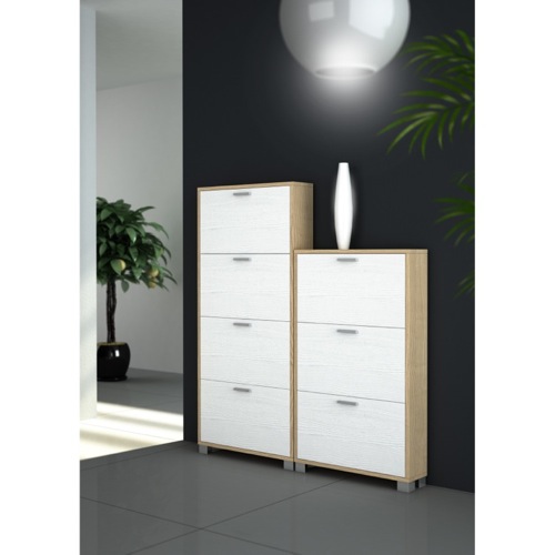 Shoe Rack, Sarmog 753-754WA-SW, Natural Oak Shoe Racks With Slub White Folding Single-Depth Doors 753-754WA-SW