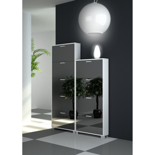 Shoe Rack, Sarmog 754-755GW-SP, Glossy White Shoe Racks With Single-Depth Mirror Folding Doors 754-755GW-SP