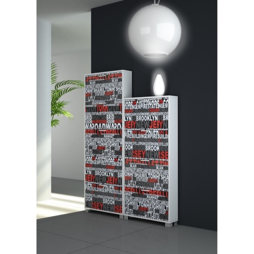 Shoe Rack, Sarmog 754-755GW-SR, Glossy White Shoe Racks With Serigraph NYC Folding Single-Depth Doors 754-755GW-SR