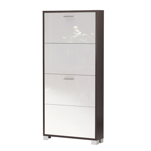 Shoe Rack, Sarmog 754WE-GW, 4 Glossy White Single-Depth Doors Shoe Rack with Wenge Base 754WE-GW