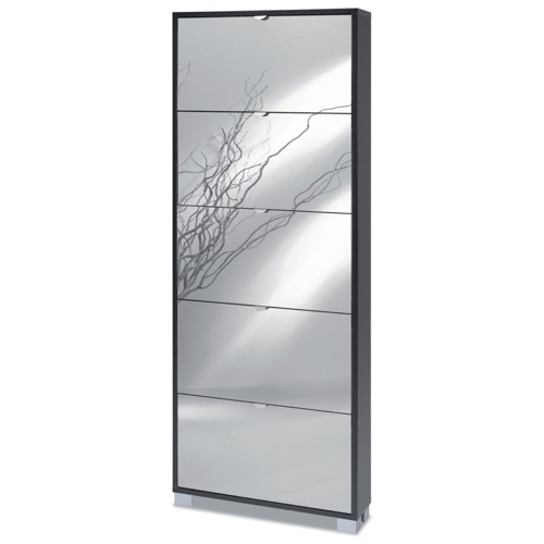 Shoe Rack, Sarmog 755SB-SP, Shoe Rack with 5 Folding Single-Depth Mirror Doors With Slub Black Base 755SB-SP