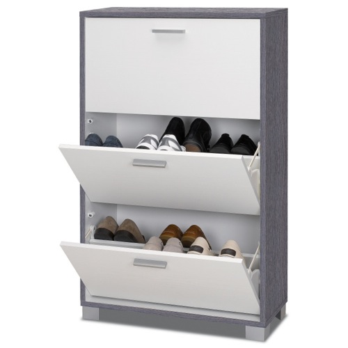 Shoe Rack, Sarmog 763GO-GW, Shoe Rack with 3 Folding Glossy White Double-Depth Doors With Gray Oak Base 763GO-GW