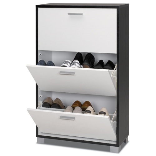 Shoe Rack, Sarmog 763SB-SW, Slub Black Shoe Rack with 3 Folding Double-Depth Doors and Slub White Doors 763SB-SW