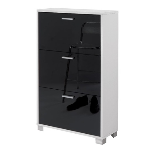 Shoe Rack, Sarmog 763SW-GB, Glossy Black Door Shoes Rack with 3 Folding Doors With Slub White Base 763SW-GB
