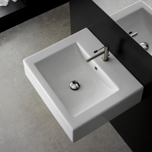 Bathroom Sink, Scarabeo 8025/B, Square White Ceramic Wall Mounted or Vessel Sink 8025/B