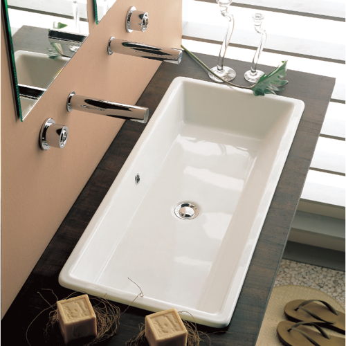 Bathroom Sink, Scarabeo 8033, Rectangular White Ceramic Vessel or Built-In Sink 8033