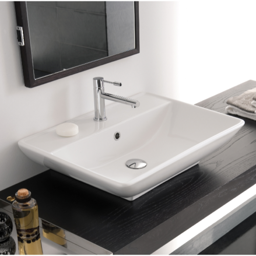 Bathroom Sink, Scarabeo 8046/R, Rectangular White Ceramic Wall Mounted or Vessel Sink 8046/R