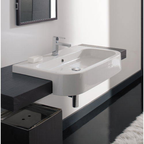 Bathroom Sink, Scarabeo 8047/D-80, Rectangular White Ceramic Semi-Recessed Sink 8047/D-80