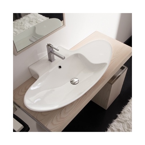 Bathroom Sink, Scarabeo 8200, Oval-Shaped White Ceramic Wall Mounted or Vessel Sink 8200