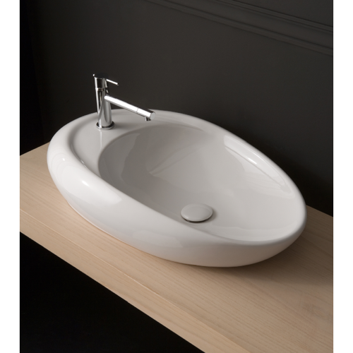 Bathroom Sink, Scarabeo 8602, Oval Shaped White Ceramic Vessel Bathroom Sink 8602