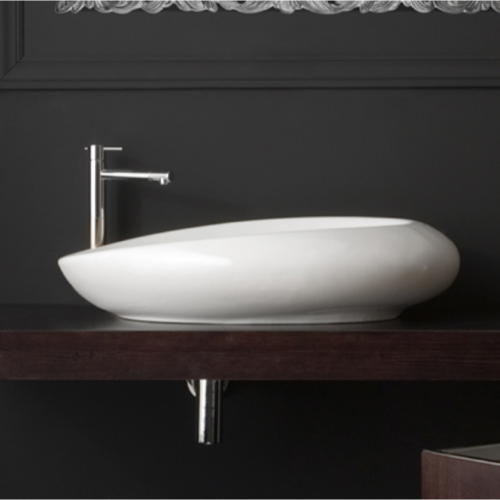 Bathroom Sink, Scarabeo 8601, Oval Shaped White Ceramic Vessel Bathroom Sink 8601