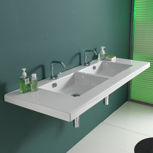 Bathroom Sink, Tecla 04011, Rectangular Double White Ceramic Self Rimming, Wall Mounted or Vessel Bathroom Sink 04011