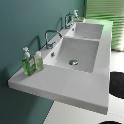 Bathroom Sink, Tecla 05011, Rectangular Double White Ceramic Self Rimming, Wall Mounted or Vessel Bathroom Sink 05011