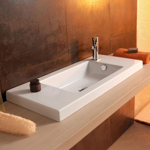 Bathroom Sink, Tecla 3501011, Rectangular White Ceramic Wall Mounted, Vessel, or Built-In Sink 3501011
