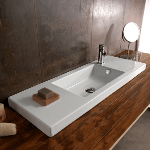 Bathroom Sink, Tecla 3502011, Rectangular White Ceramic Wall Mounted, Vessel, or Built-In Sink 3502011