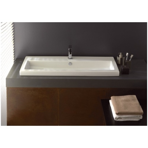 Bathroom Sink, Tecla 4002011, Rectangular White Ceramic Self Rimming, Wall Mounted or Vessel Bathroom Sink 4002011