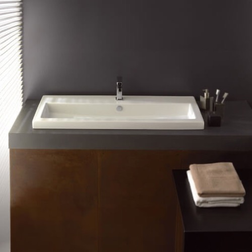 Bathroom Sink, Tecla 4004011, Rectangular White Ceramic Self Rimming, Wall Mounted or Vessel Bathroom Sink 4004011