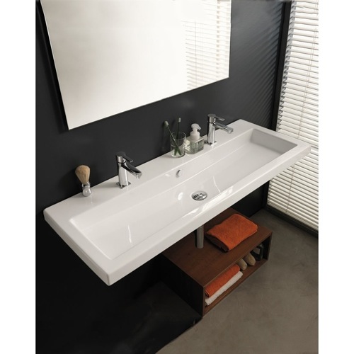 Bathroom Sink, Tecla CAN05011, Rectangular White Ceramic Wall Mounted, Vessel, or Built-In Sink CAN05011