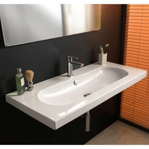Bathroom Sink, Tecla EDW3011, Rectangular White Ceramic Wall Mounted, Vessel, or Built-In Sink EDW3011