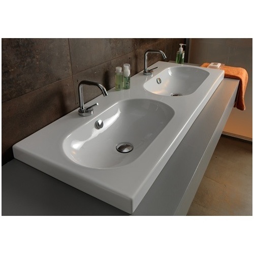 Bathroom Sink, Tecla EDW4011, Rectangular Double White Ceramic Self Rimming, Wall Mounted or Vessel Bathroom Sink EDW4011