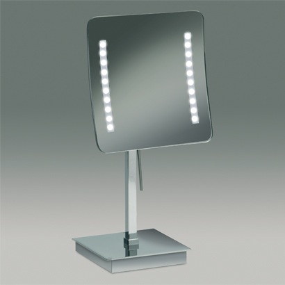 Makeup Mirror, Windisch 99627, Chrome or Gold Square Pedestal Lighted 3x or 5x Magnifying Mirror 99627